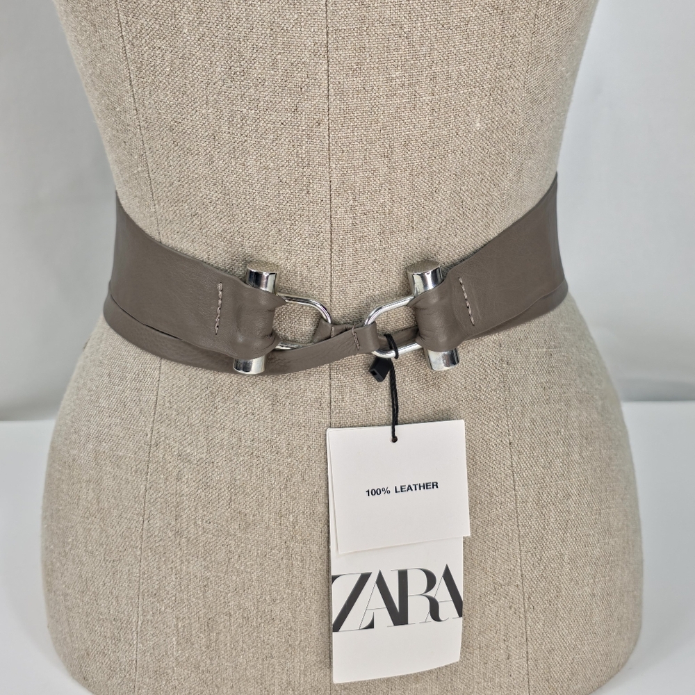 Zara Genuine Leather Tie Waist Belt Taupe Brown Wide Wrap Obi Size 30 (80) NWT